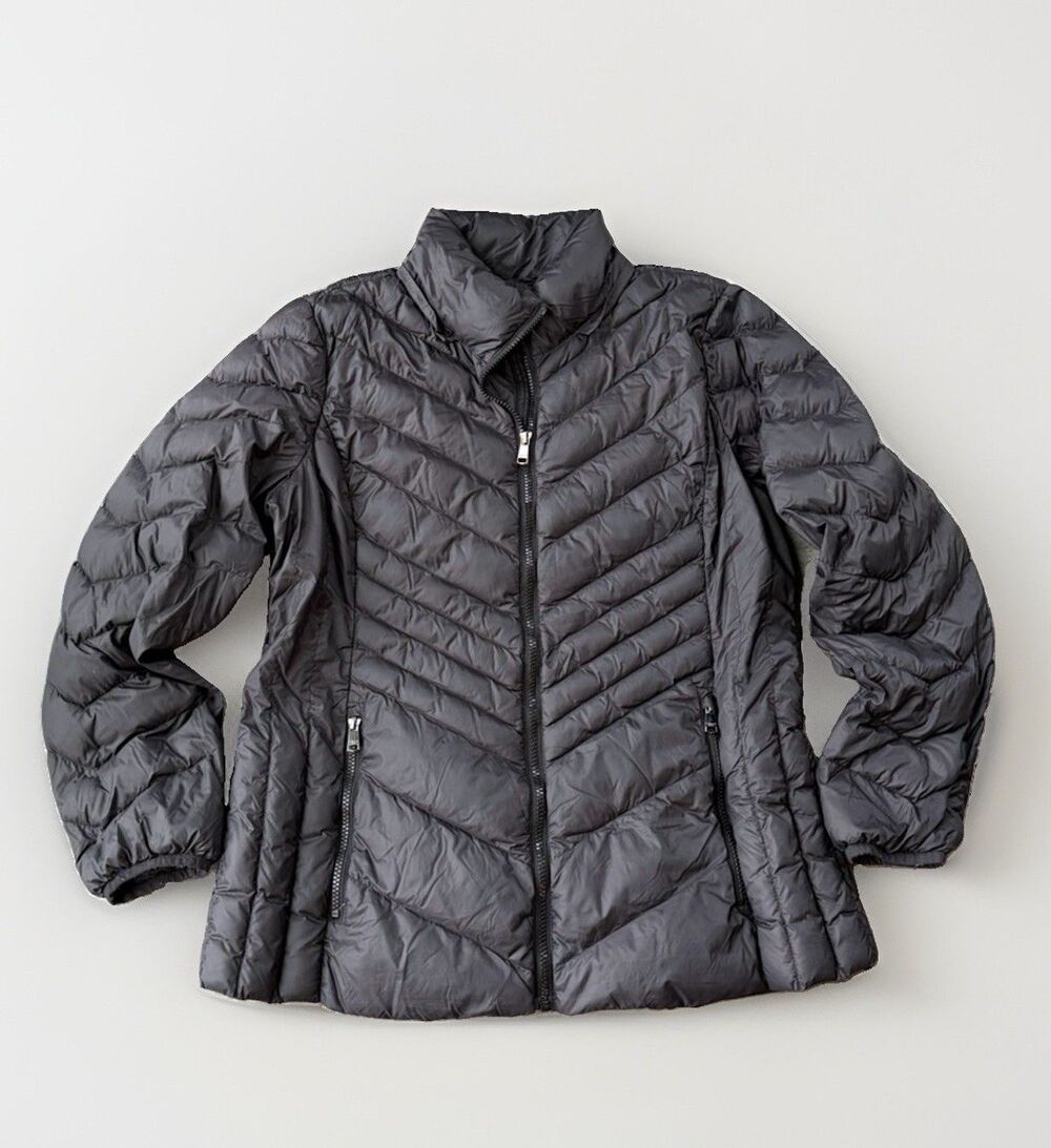London Fog Womens Packable Down Puffer Jacket Black Chevron Quilted Full Zip L